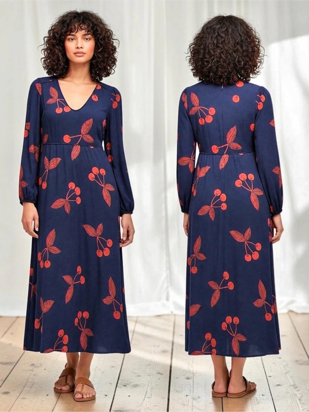 Boden Women’s Tanya Midi Dress In French Navy W/Cherry Print Size US10R